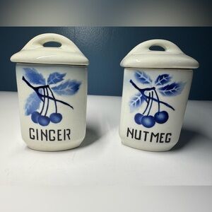 Vintage Delft Blue Spice Jar Nutmeg And Ginger, Set Of 2